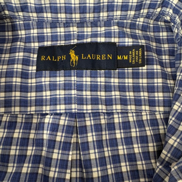 Ralph Lauren Mens Medium Blue White Plaid Short Sleeve Cotton Button Down Shirt - Picture 4 of 8
